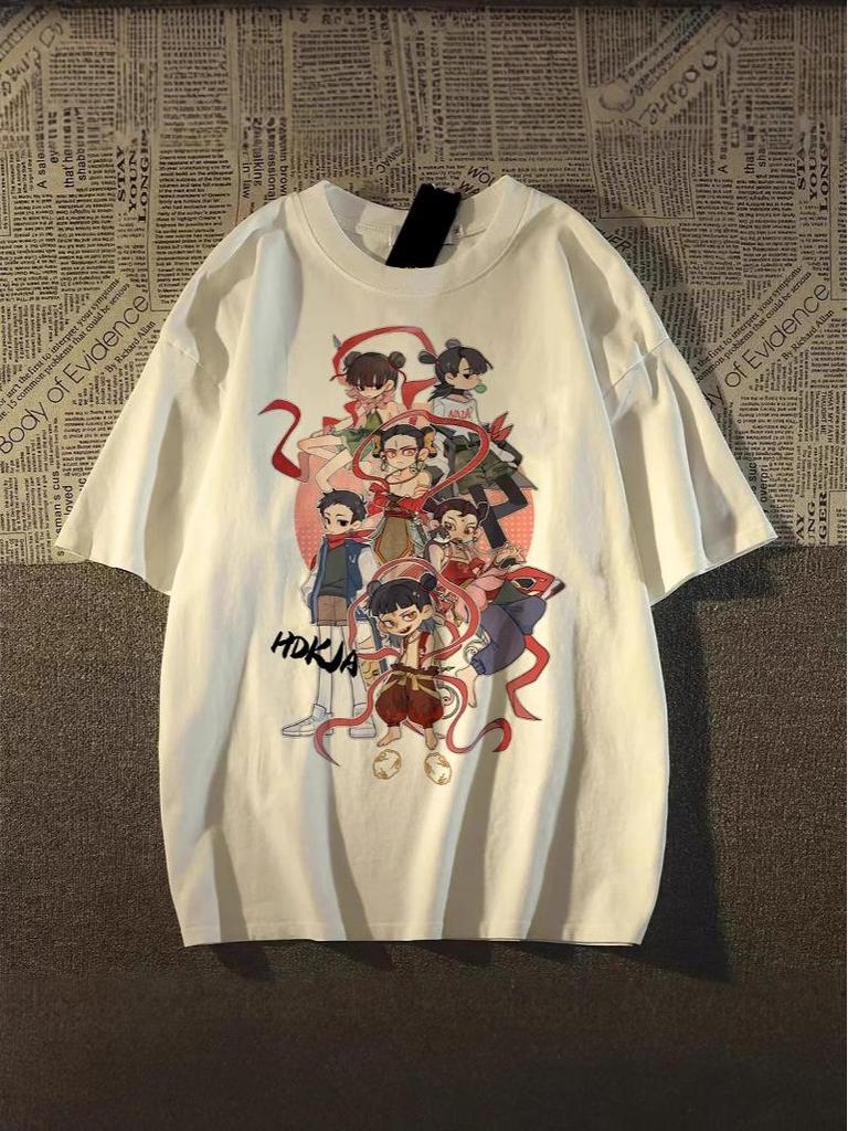 Unisex Nezha Cartoon T-Shirt - American Style, Short-Sleeved, Loose Fit, 2025 Collection, Pure Cotton Summer Top