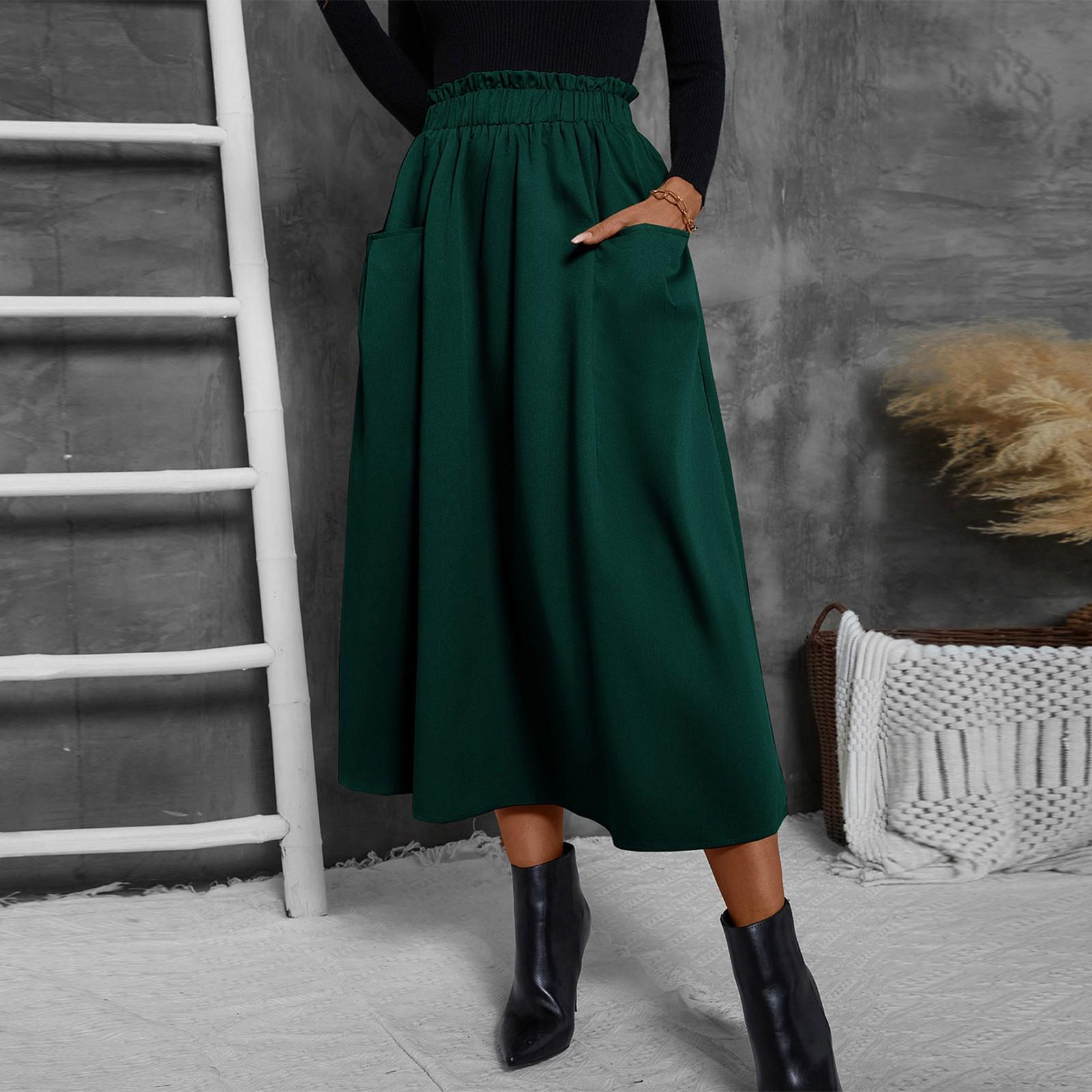 

Женская модная однотонная юбка-трапеция с эластичным поясом и свободными карманами XL темно-зеленого