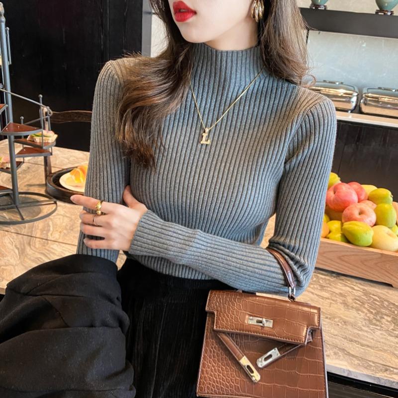 Autumn and Winter Half High Neck Knitted Sweater Women Fashion Solid Slim Long Sleeve Pullover Sweaters Women Tops Lady Elegant Knitwears Jumper 24842