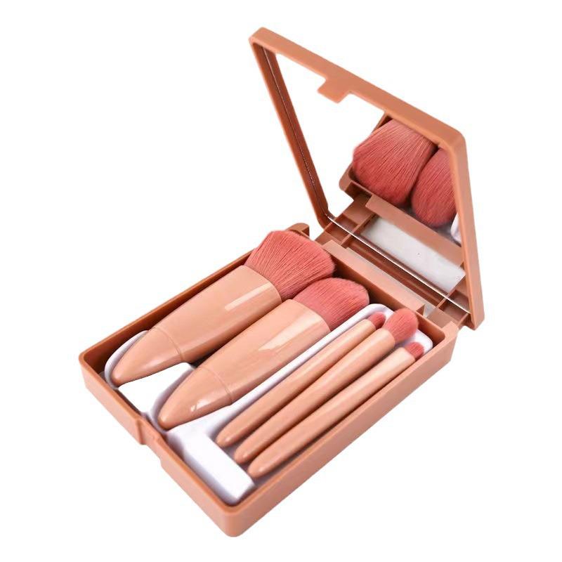 Compact Makeup Brush Set with Mirror - 5-Piece Portable Beauty Tools