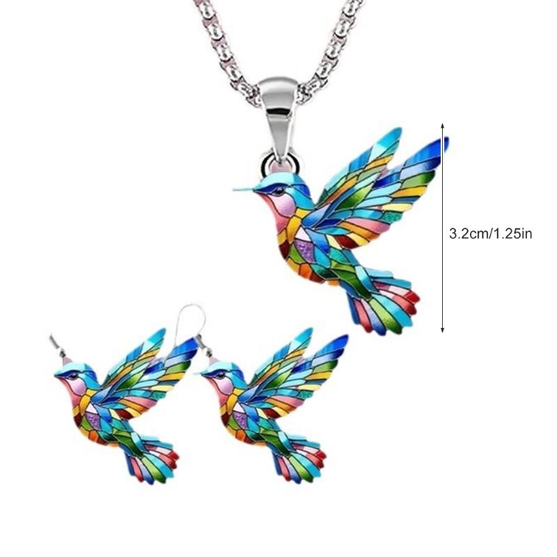 Colorful Hummingbird Necklace and Earrings Set Acrylic Pendant Jewelry for Women Gift for Mother Daughter Girlfriend