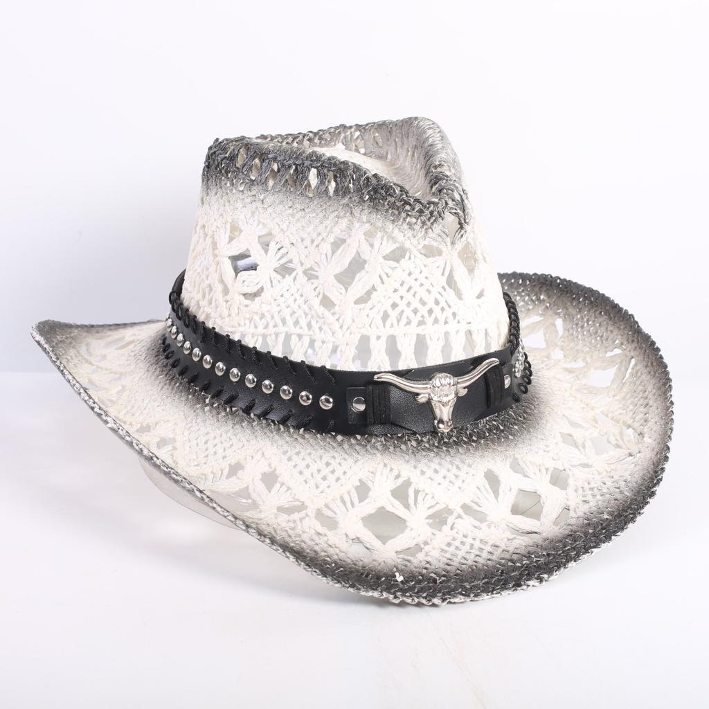 Popular European and American Fashion Hollow Woven Hat Straw Hat Men's and Women's Classic Outdoor Western Denim Straw Hat