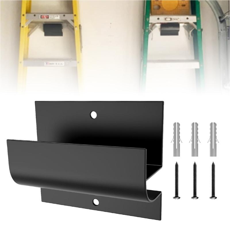 Black Ladder Wall Hangers, 2Pack with Powder-Coated Finish and Raised-Lip J-Style Arms for Garage Organization and Lawn Equipment Storage