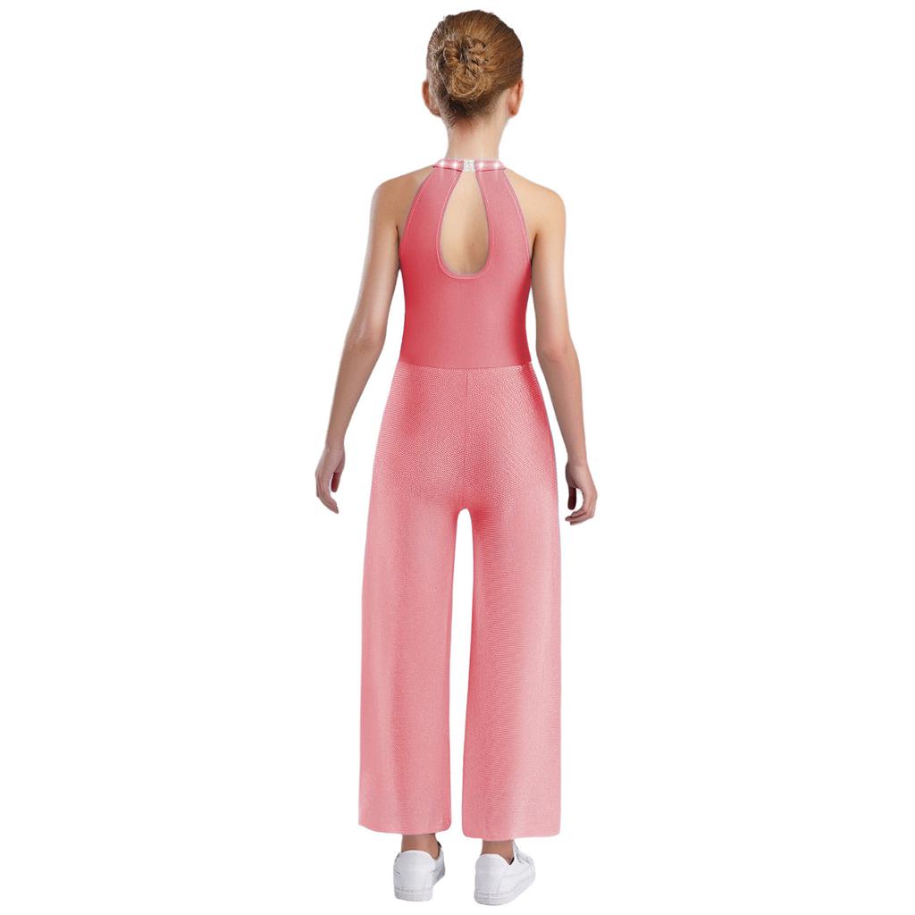 Girls Rhinestone Dance Bodysuit - Shimmery Sleeveless Jumpsuit with Keyhole Back & Side Splits, Built-in Briefs for Performances