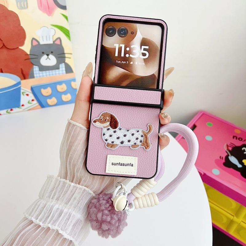 Cartoon Sausage Dog PU Leather Phone Case for Motorola Razr 70+ 60 50 Razr 70 60 50 Ultra Wrist Strap Hinge Protection Cover
