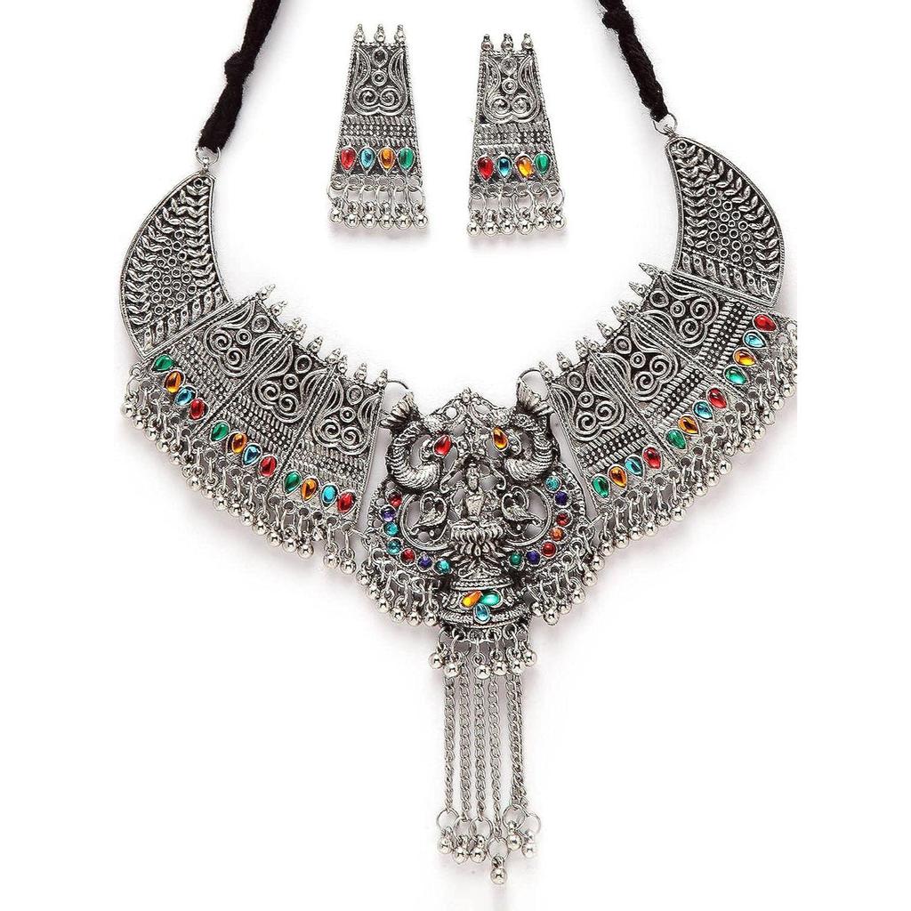 Shining Diva Fashion Latest Stylish Traditional Oxidised Silver Necklace Jewellery Set for Women
