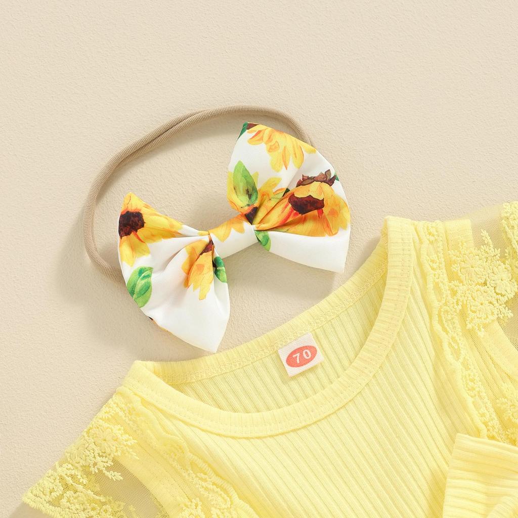 Baby Girl Summer Jumpsuit 3 6 12 18 Months Floral Print Lace Patchwork Romper Dress and Headband Set Cute Fashion Clothes Outfits