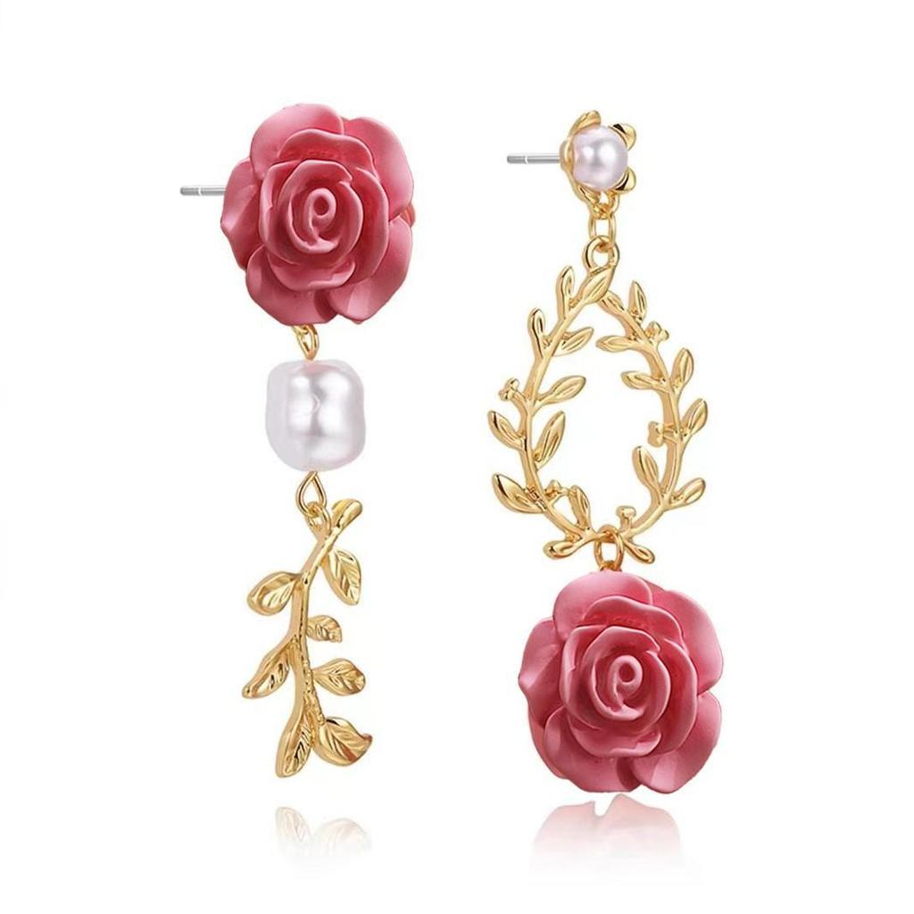 "Rouge Button" Französische Retro Weinrot Rosenperlen Ohrringe für Damen - Cheongsam-Stil mit Silberstift.