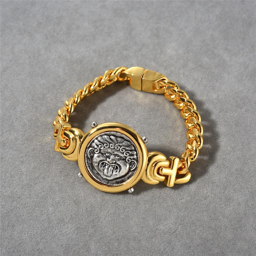 

Retro Copper Plated 18K Real Gold Inlaid Double-Layer Relief Fashion Ancient Coins Niche High-End Thick Chain Bracelet Women