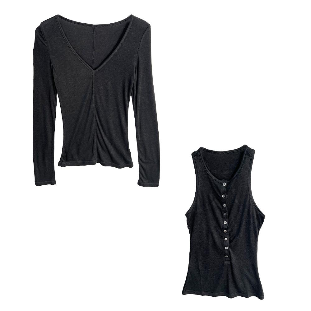 

Spring 2026 Women s Hot Girl Layering Set: Deep V-Neck T-Shirt + Button-Down Vest S темно-сірий