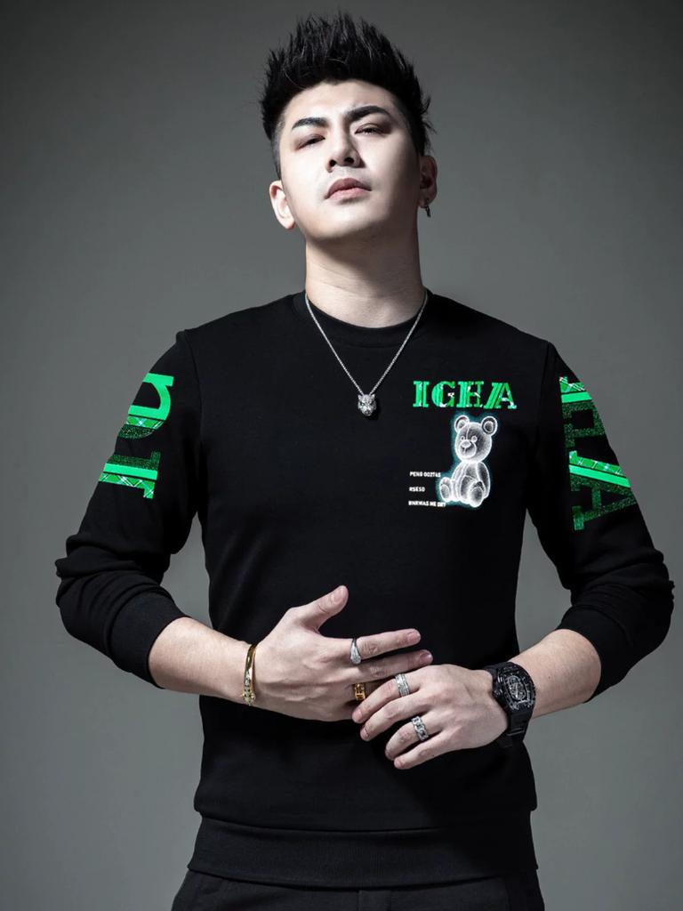 European Men's Long-Sleeve Crew Neck Sweatshirt 2025 Autumn New Bear Print Rhinestone Base Shirt Trendy Top