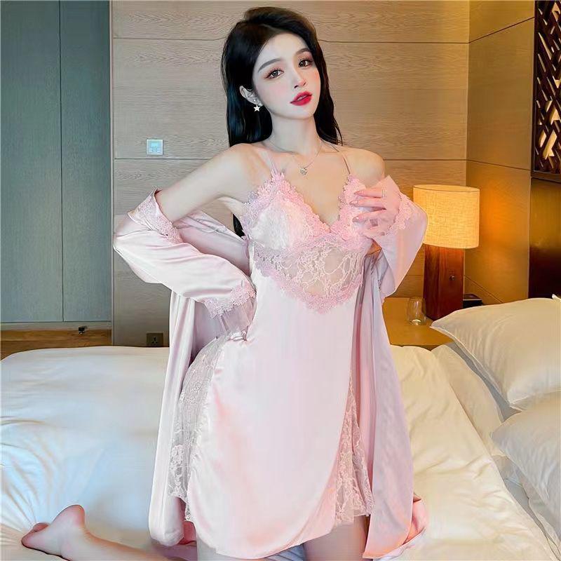 Women's Summer Ice Silk Backless Nightdress: Sexy Sling Two-Piece Set with Hollow Out Lingerie Robe