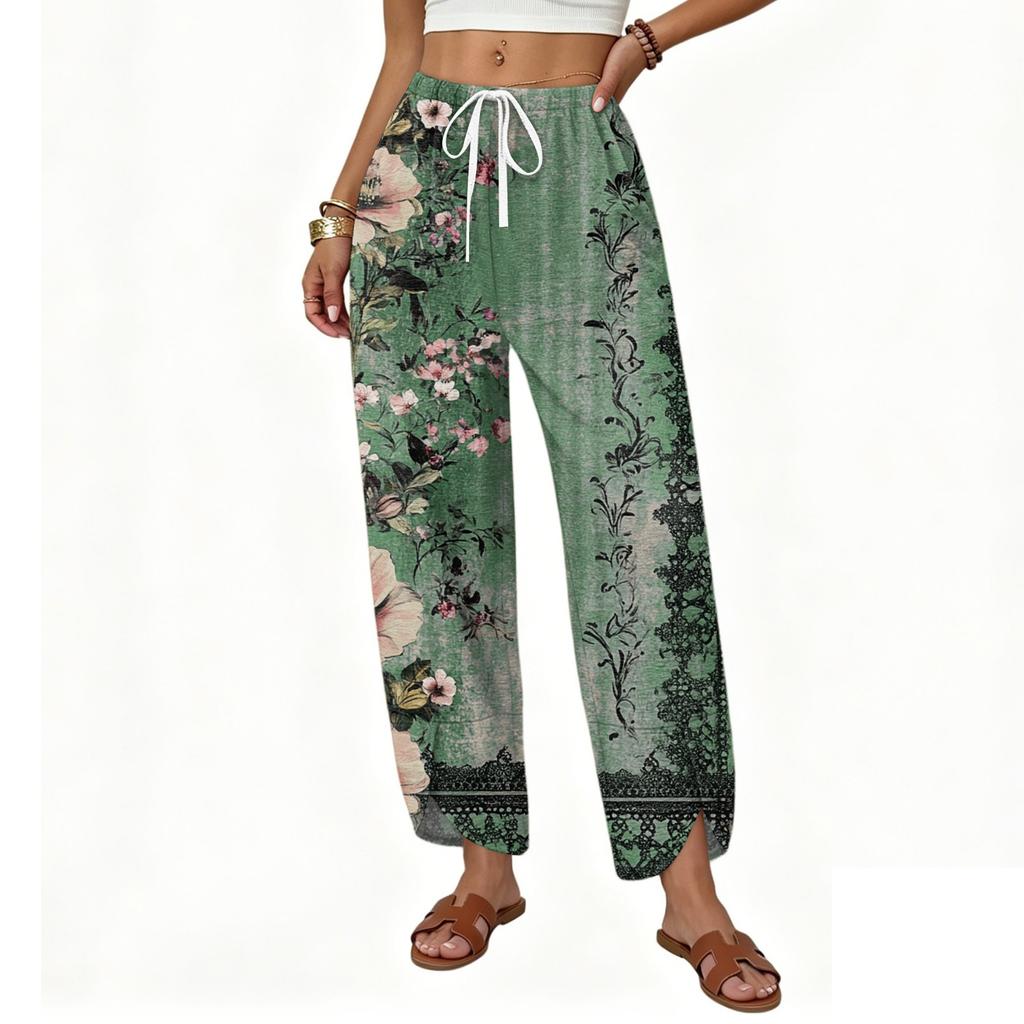 Women's Casual Straight Wide Leg Button Print Pattern Pants for Everyday Wear