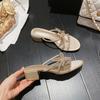 2025 Summer New Stiletto Sandals Fairy Fairy Wind Round Head Rhinestone High Heels Bow Sweet Thick Heel Sandals