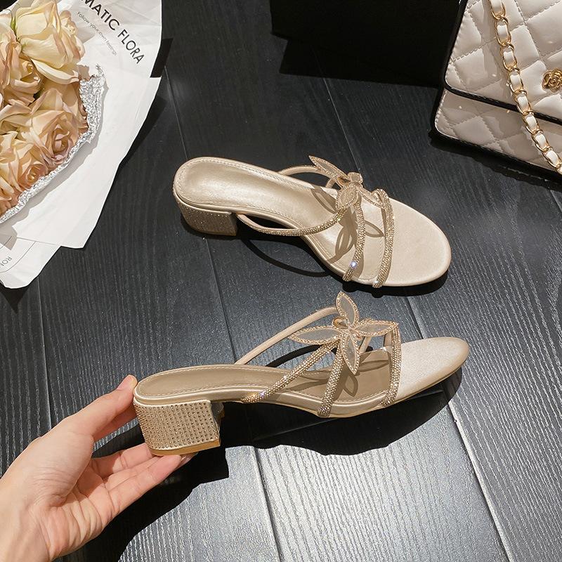 2025 Summer New Stiletto Sandals Fairy Fairy Wind Round Head Rhinestone High Heels Bow Sweet Thick Heel Sandals
