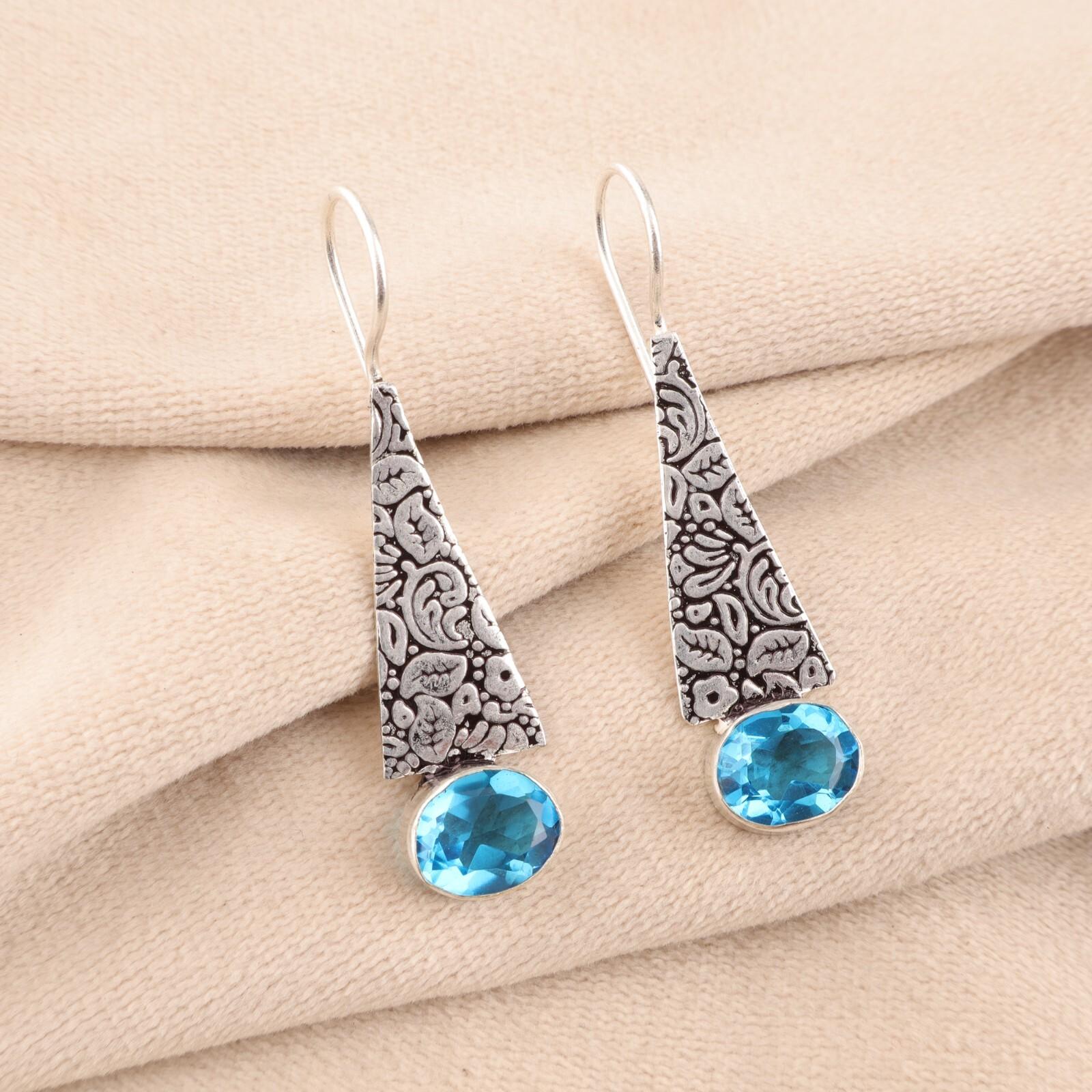 

Natural Swiss Blue Topaz Gemstone 925 Fine Silver Jewelry Handmade Earrings 1.9 EE-165-16