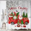 Gnome Elf & Santa Claus Truck Shower Curtain With Snowy Xmas Birds Tree Design, Festive Winter Bathroom Decor For Holiday