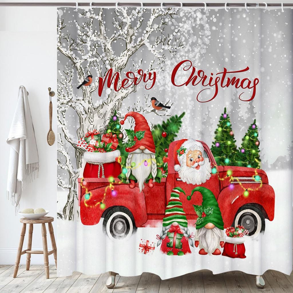 Gnome Elf & Santa Claus Truck Shower Curtain With Snowy Xmas Birds Tree Design, Festive Winter Bathroom Decor For Holiday