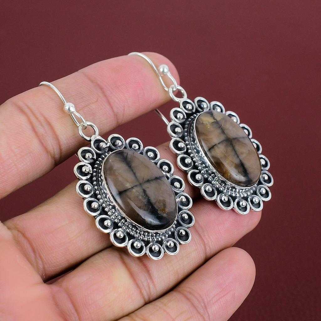 Chiastolitörhängen Ädelsten Handgjorda Smycken 925 Sterling Silver Örhängen Chiastolit Smycken Underbara Hängande Örhängen Jubileumspresenter