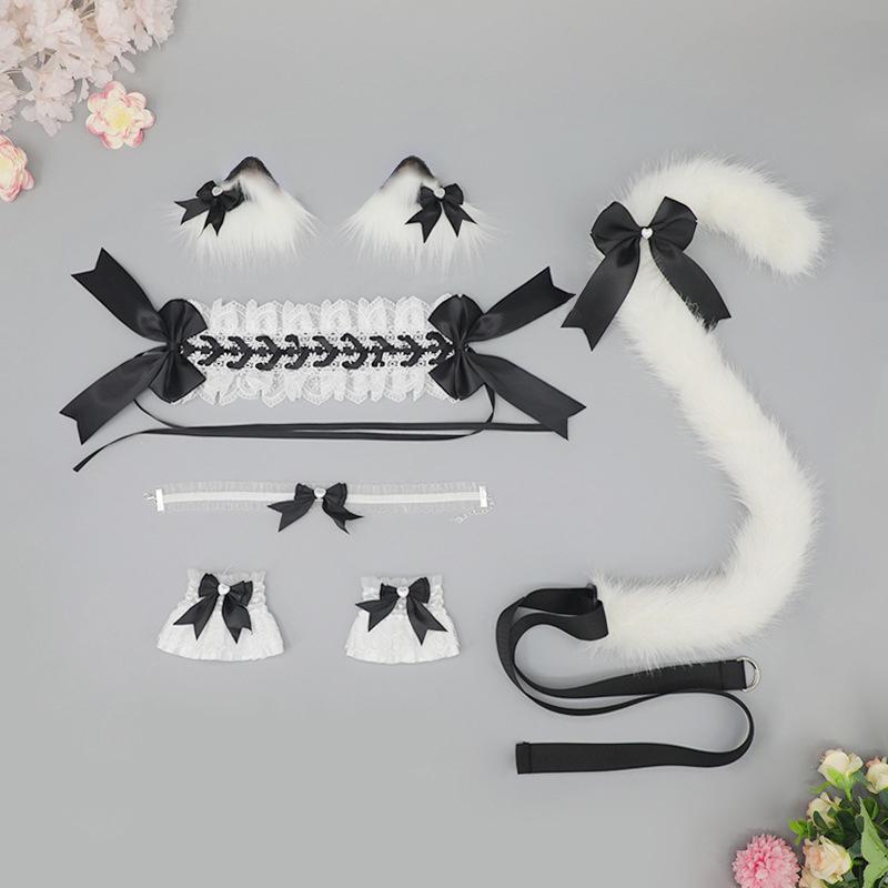Cat Ear Hairpins Headband Choker Wristband Plush Cat Tail 5 pcs / Set Cute Lolita Girls Anime Party Cosplay Accessories Sets чёрный