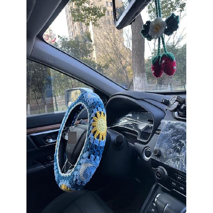 Handmade Crochet Sun and Moon Car Steering Wheel Covers Universal 14-15 inch for Women and Men (Steering Wheel Cover)