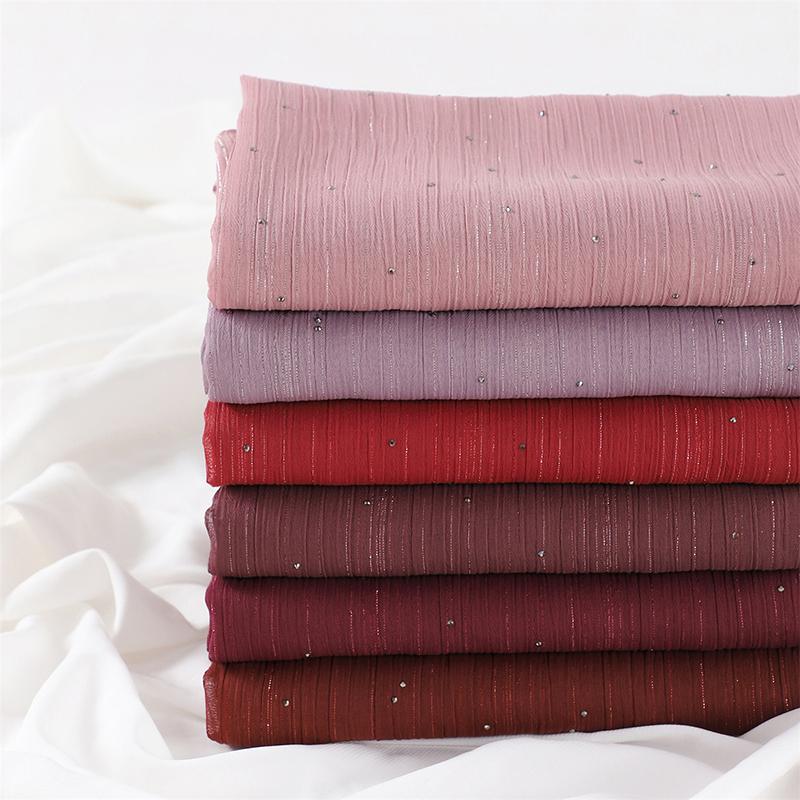 Spring Plain Wrinkle Rhinestone Shiny Shimmer Shawls Scarf for Women Ramadan High Quality Wrap Beach Stole Bufandas Muslim Hijab