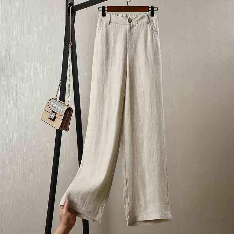 High Waist White Cotton Linen Wide Leg Pants for Women - Loose, Slimming Korean Style 2XL