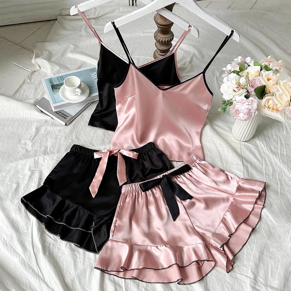 Pigiama da donna in raso liscio, maglietta scollo a V, bordi arricciati e shorts con fiocco, set pigiama semplice e traspirante, canottiera, abbigliamento da casa