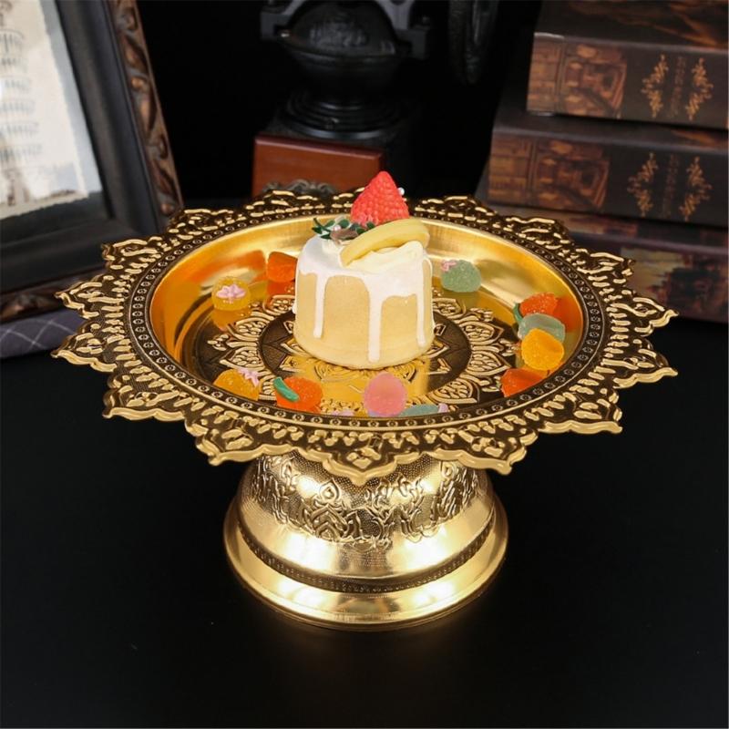 Decorative Alloy Offering Plate with Ornamental Pattern Tall for Religious Ceremonies Home Decoration Highlight