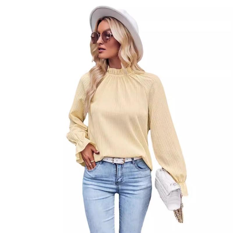 Fashion Elegant Long Sleeve Jacquard Women Blouse Loose Simple Office Shirt Female Stand Collar Solid Color Vintage Tops 3303