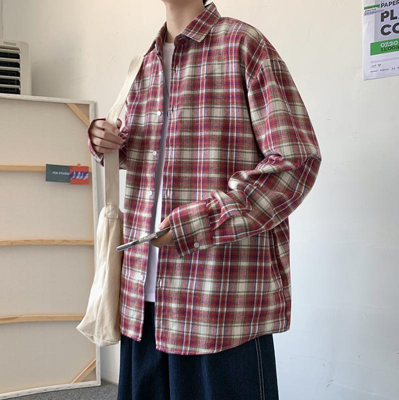 

Весенне-осенняя клетчатая рубашка с цветными блоками, мужская повседневная универсальная свободная рубашка с лацканами L красный