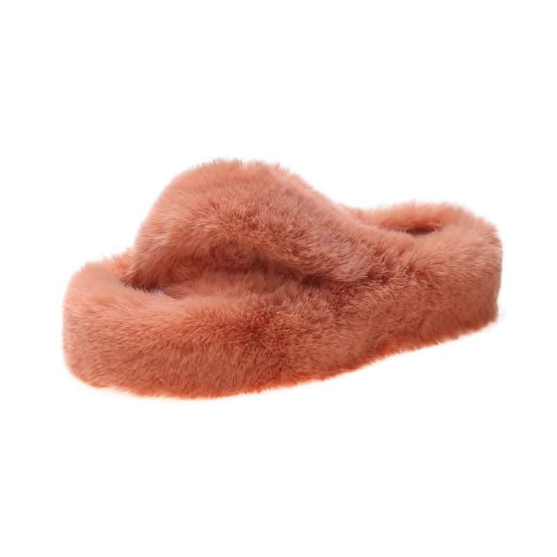 2025 Women's Open Toe Cross-Strap Fur Slippers: Autumn/Winter Fashion, Thick Sole, Height Boosting