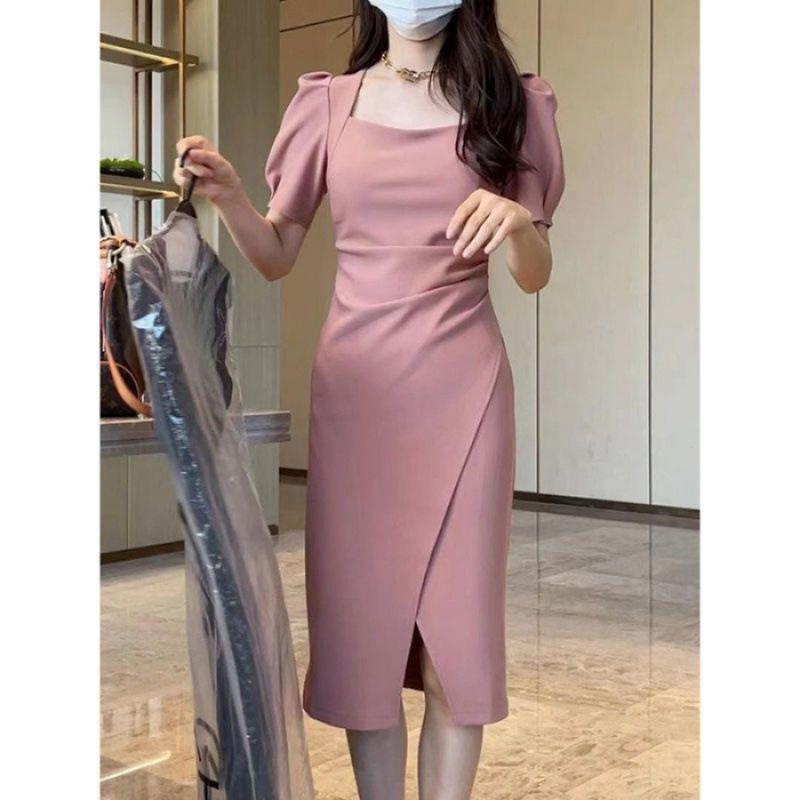 Korean Version of Temperament Square Neck Dress Summer New Design Bubble Sleeve Medium and Long Split Hip Skirt