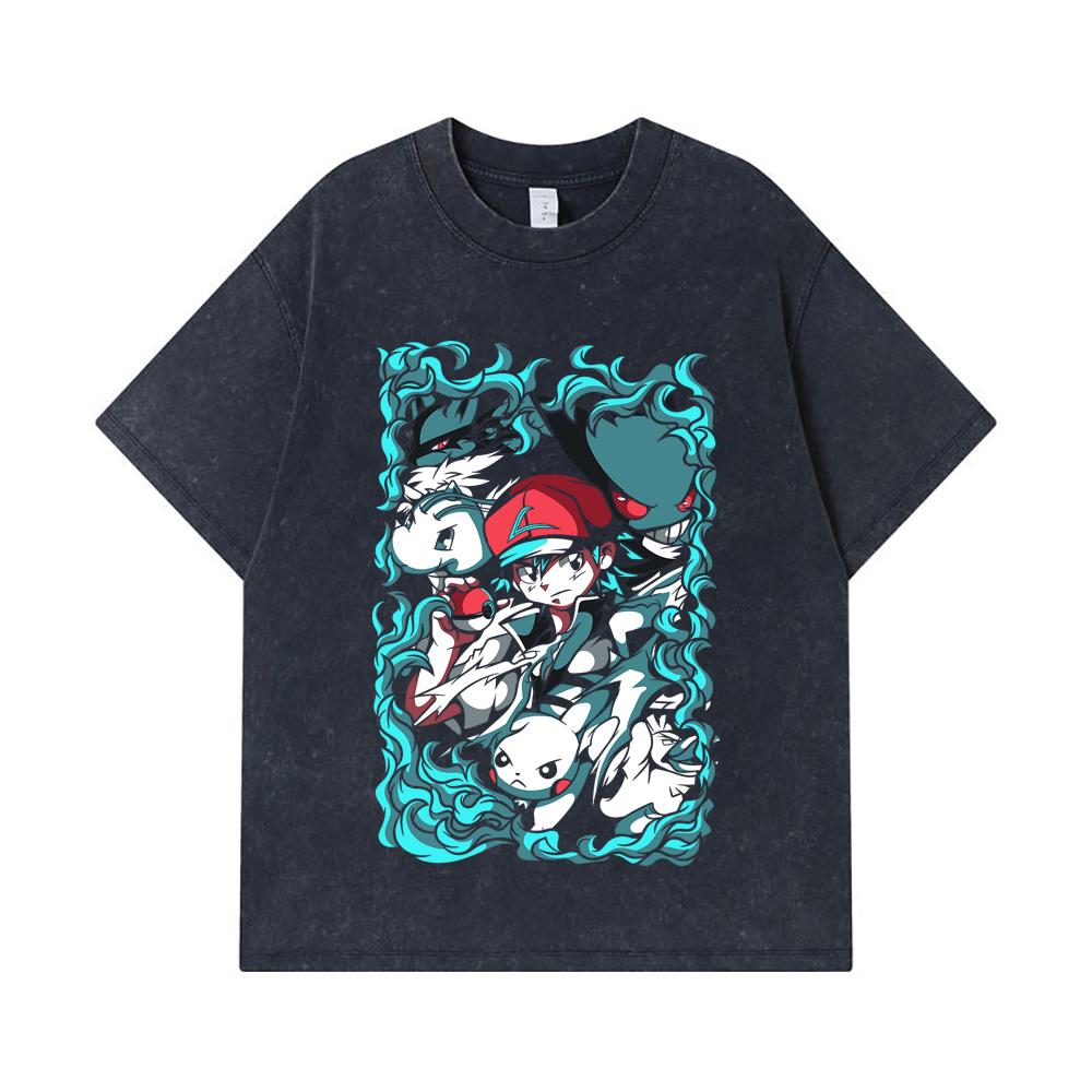 275 GSM Washed T-shirts 100% Cotton Pokemon V26 Print Unisex Heavy Cotton T Shirt