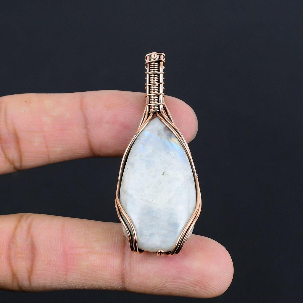 Rainbow Moonstone Gemstone Pendant | Oxidized Copper Wire Wrapped | Necklace Pendant | Handmade Copper Pendant Jewelry Gift For Her/himLC-316