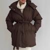 Women's Dark Brown Long Hooded Puffer Coat, Removable Sleeve Covers and Waist Tie Belt