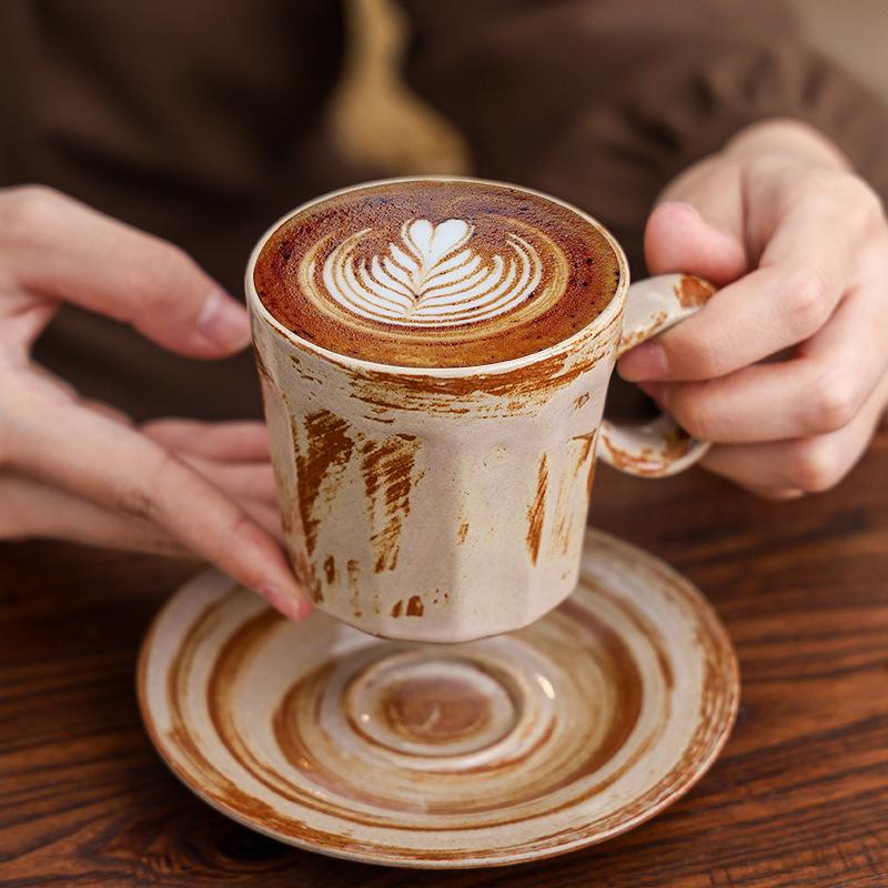 Ceramic Coffee Cup And Saucer Set Creative Afternoon Tea Latte Cup Coarse Pottery Mug