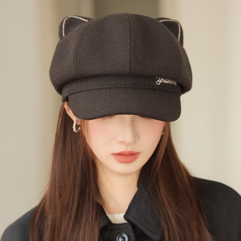 Hat Autumn and Winter Women's Cute Embroidered Letters Cat Ears Beret Painter Hat