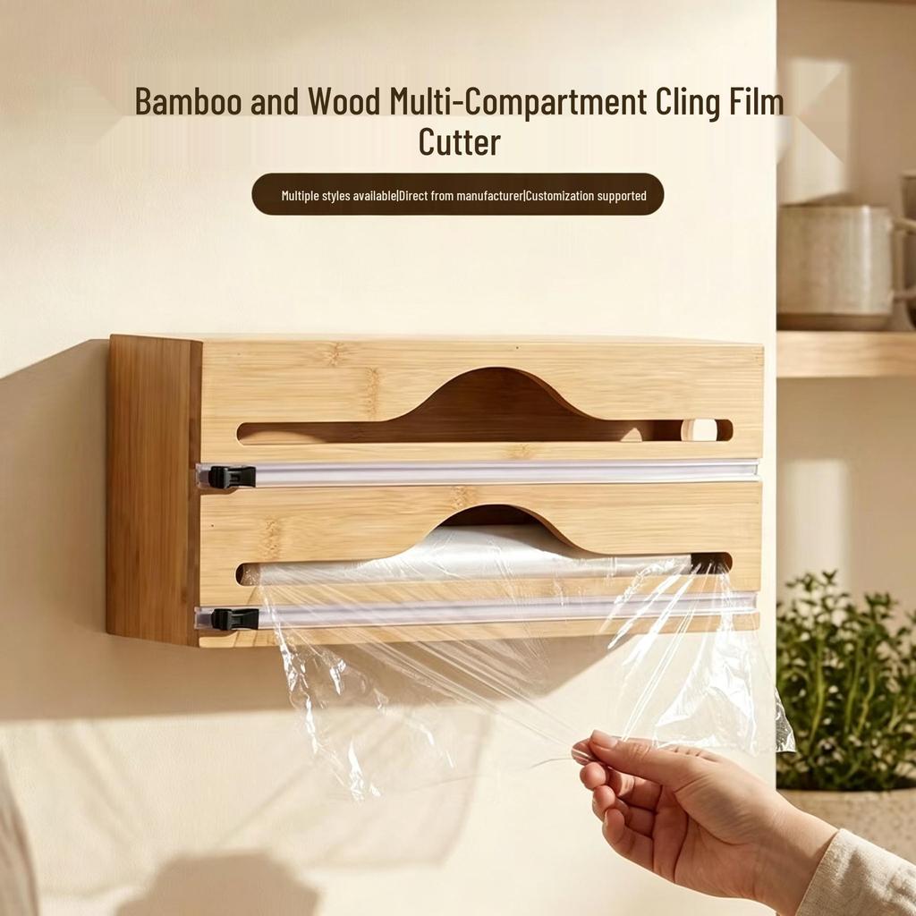 Bamboo Fresh-keeping Film Cutter & Storage Box with Multi-compartment Slicer