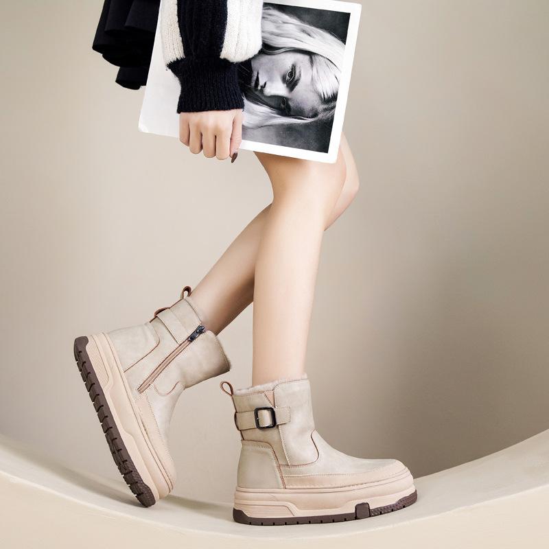 Winter velvet snow boots for women, thick-soled casual leather short boots, high-top thickened warm cotton shoes