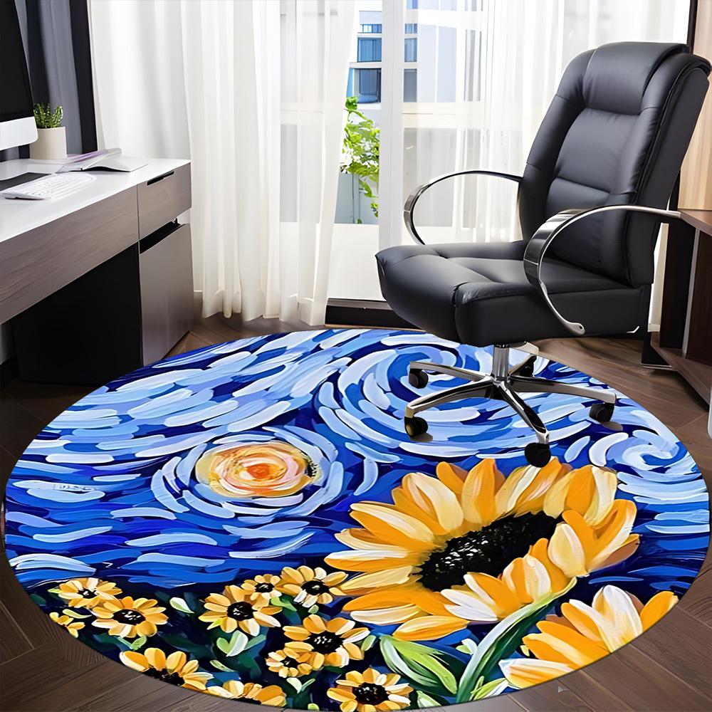 1pc Sunflower Night Sky Print Chair Carpet for Office, Round Polyester Mat, Indoor Decor for Office, Easycare Fabric, Washable Non-slip Area Carpet