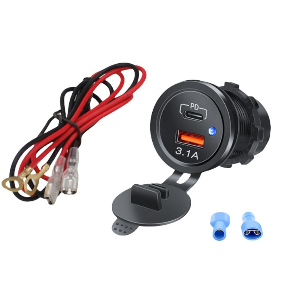 

LED Light Car Charger Fast Power Socket Adapter PD USB Outlet ATV PD+3.1A+1 meter+hole opener