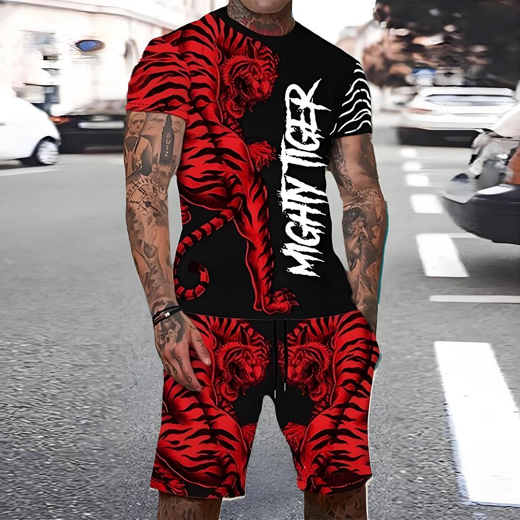 Trendy Lion Graphic Short Sleeve Top Drawstring Shorts Set Summer T-shirt Pocket Shorts 2-piece Set Oversized Men's Clothing