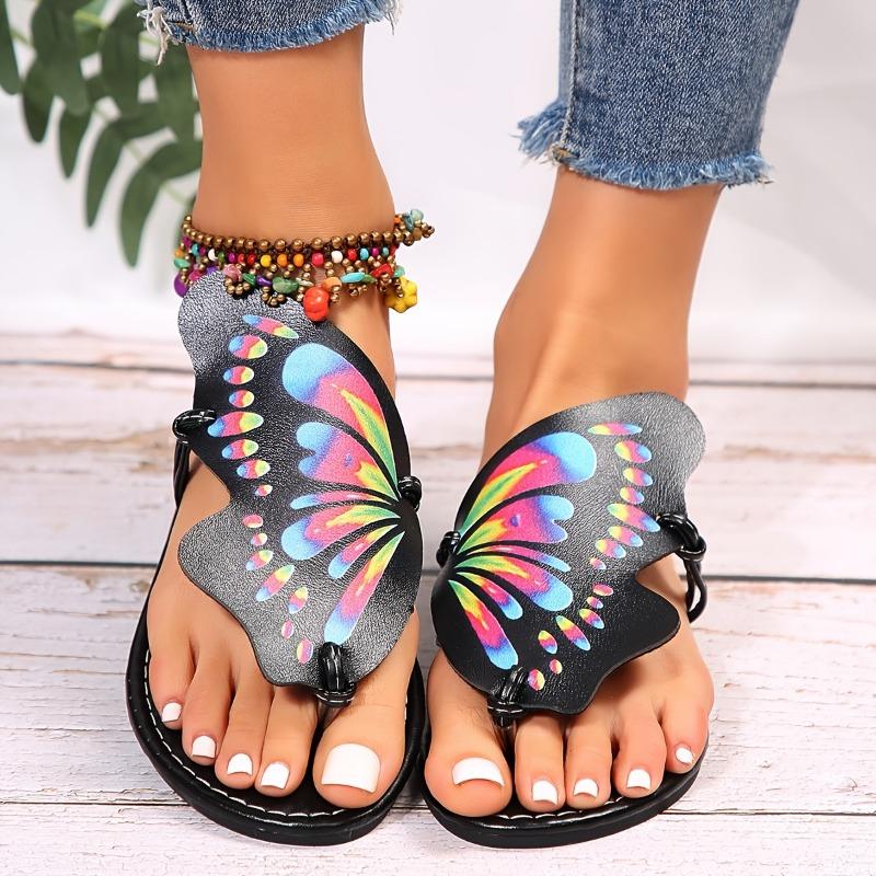Stylish Women's Butterfly Print Slide Sandals | Faux Cover Upper & Rubber Sole | Versatile All-Season Footwear | Fashionable Clip Toe, Slip-On Flats