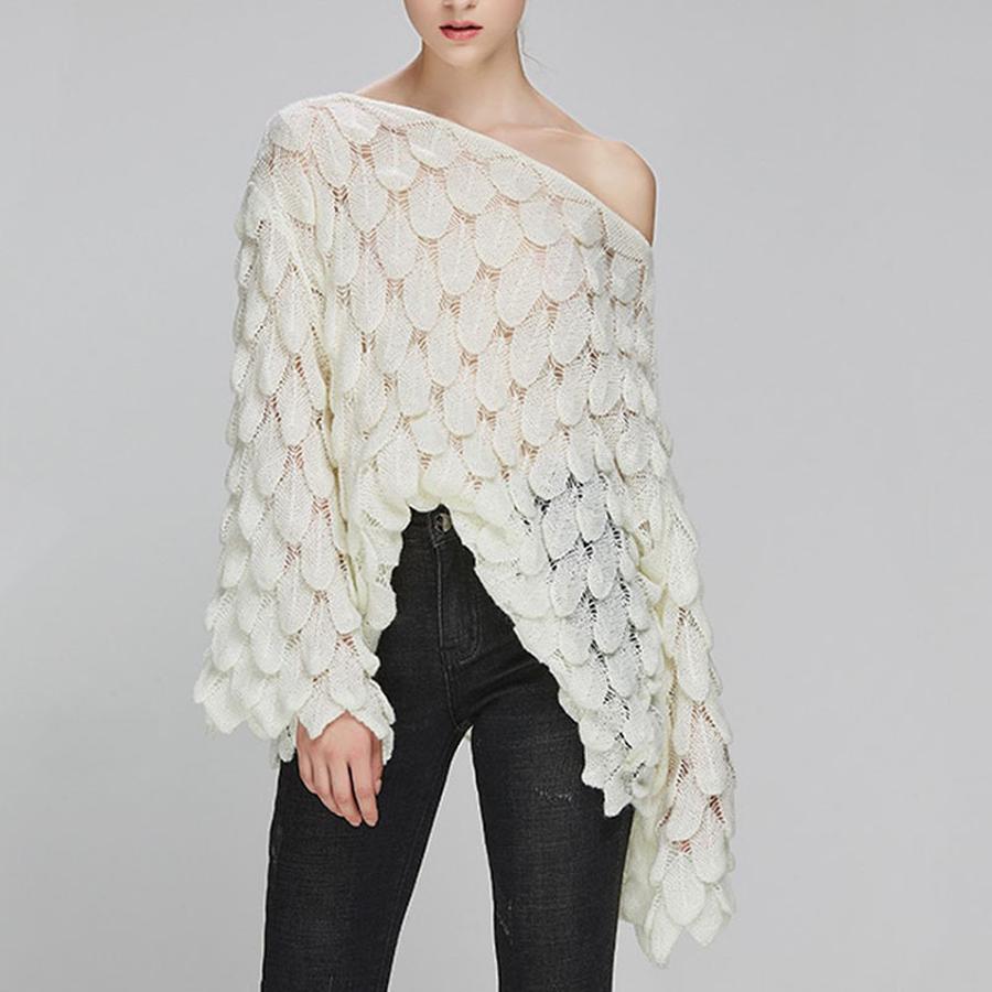 Neuer lockerer Strickpullover mit hohlem 3D-Federmuster, Rundhalsausschnitt und Glockenärmeln für Damen, Oberbekleidung