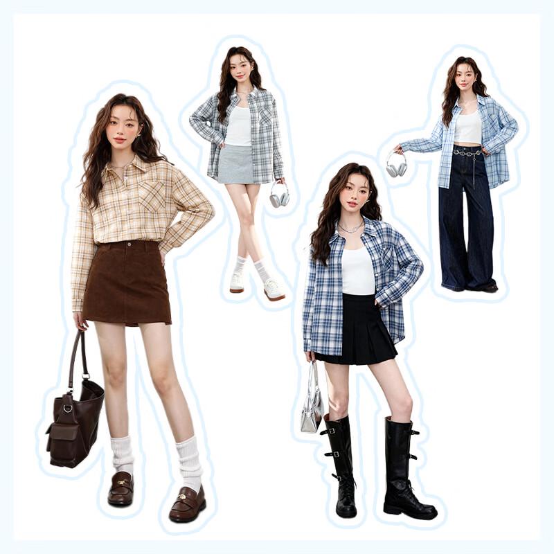 MJ STYLE Women's Plaid Long-Sleeve Casual Button-Down Shirt