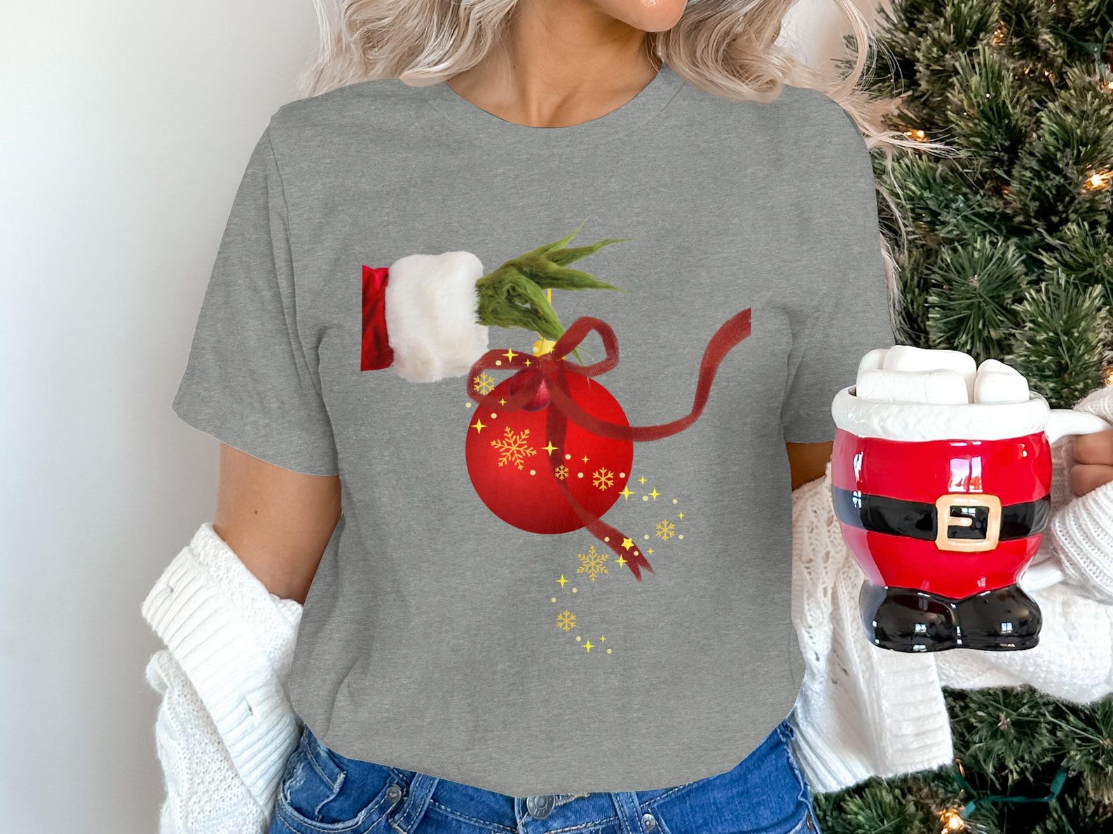 Grinch Hand Christmas Ornament T-Shirt, Festive Holiday Tee, Whimsical Winter Apparel S