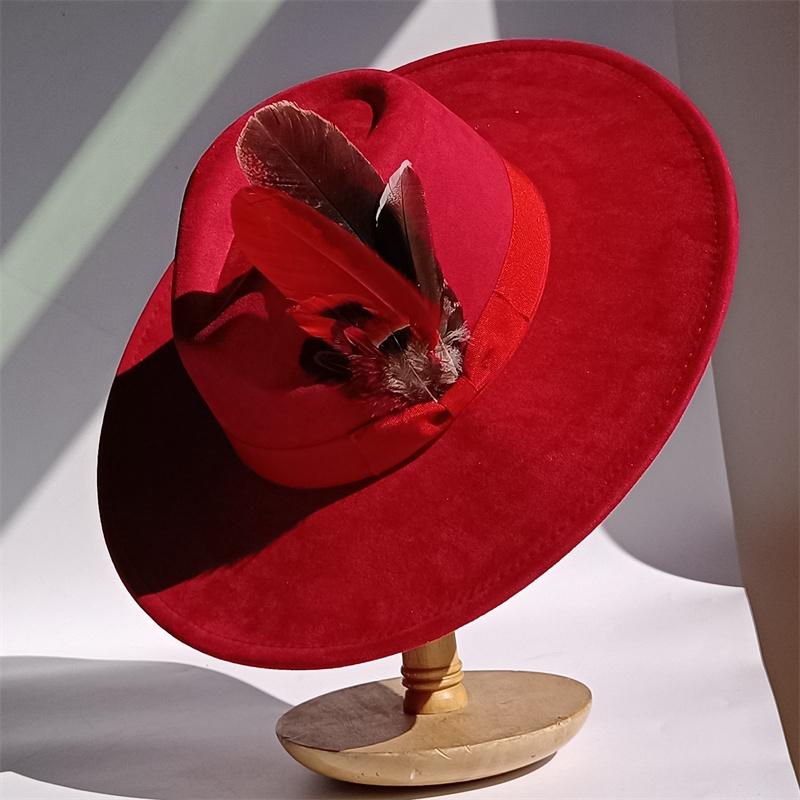 Gele Strik Veer Suède Tophoed Brede Rand Fedora Hoed Mannen Vrouwen Herfst Veerlinten Winter Vilt Jazz Hoeden Fedoras Dus 55 -58cm