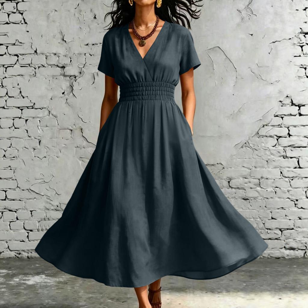 Womens V Neck Short Sleeve Elastic Waist Midi Dress with Pockets Solid A Line Casual Loose Fit Summer Dress for Daily Wear