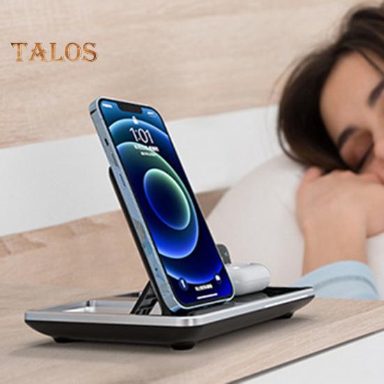 4 in 1 Wireless Charger Stand with Alarm Clock & Night Light Foldable Fast Charging Dock One-Key Lifting Smartwatch Charging Stand for IPhone